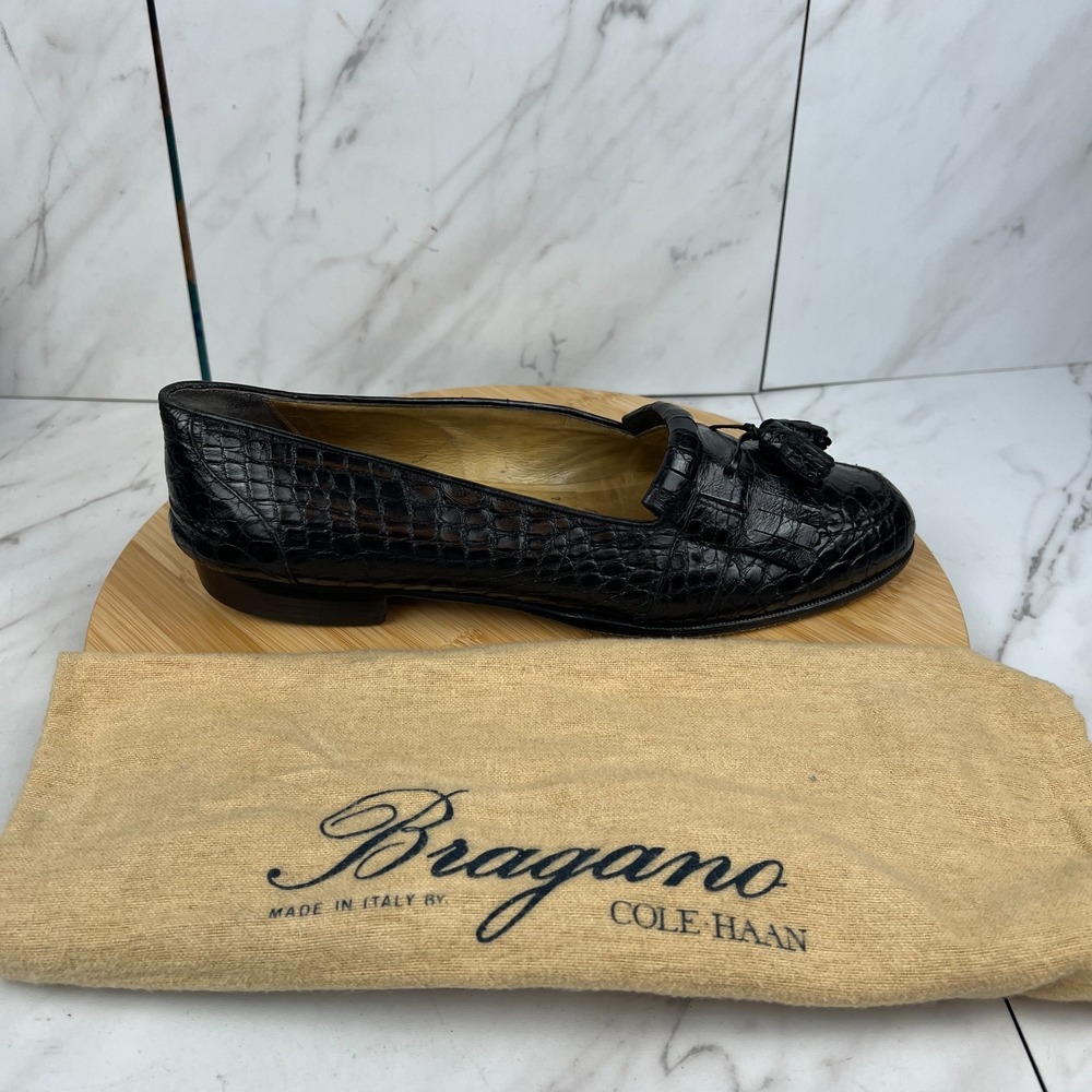 Bragano by Cole Haan Mens Size 10.5 M Black Crocodile Leather Tassel Loafers